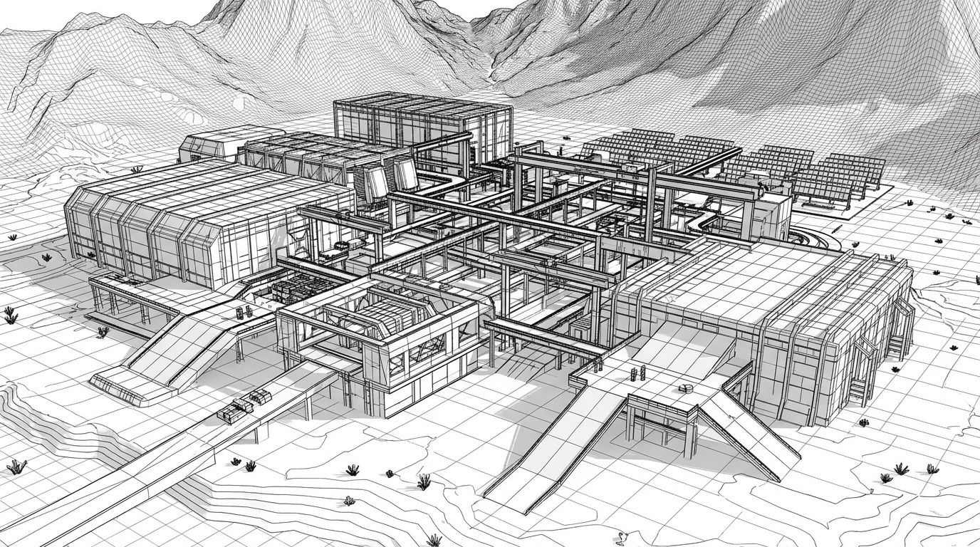 Architectural rendering of a massive industrial facility.