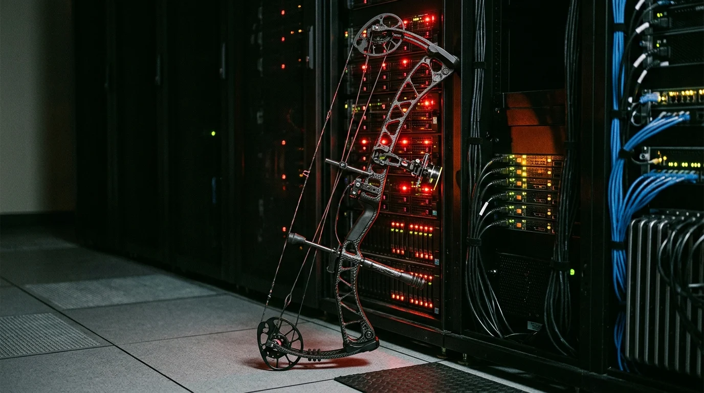 A high-tech tactical bow leaning against server racks.