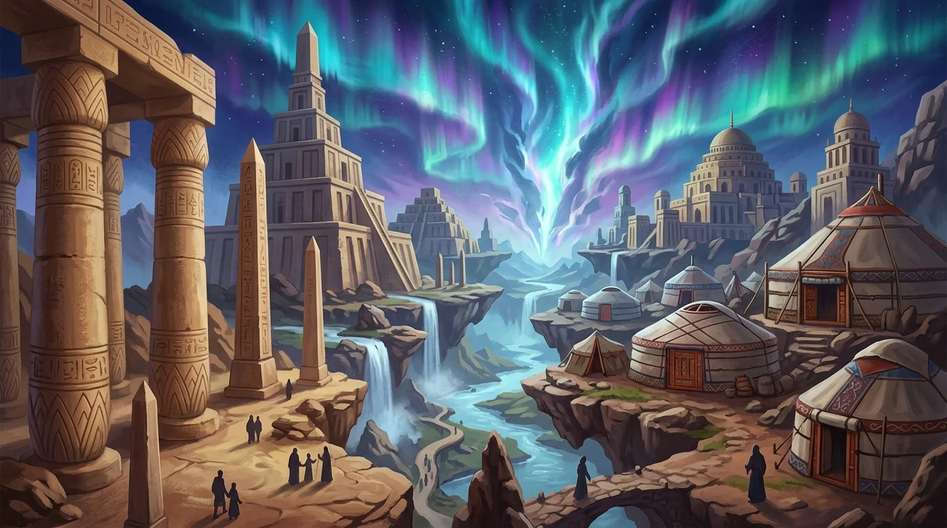 Silhouette of a cosmic meeting place with diverse mythological architectural structures.