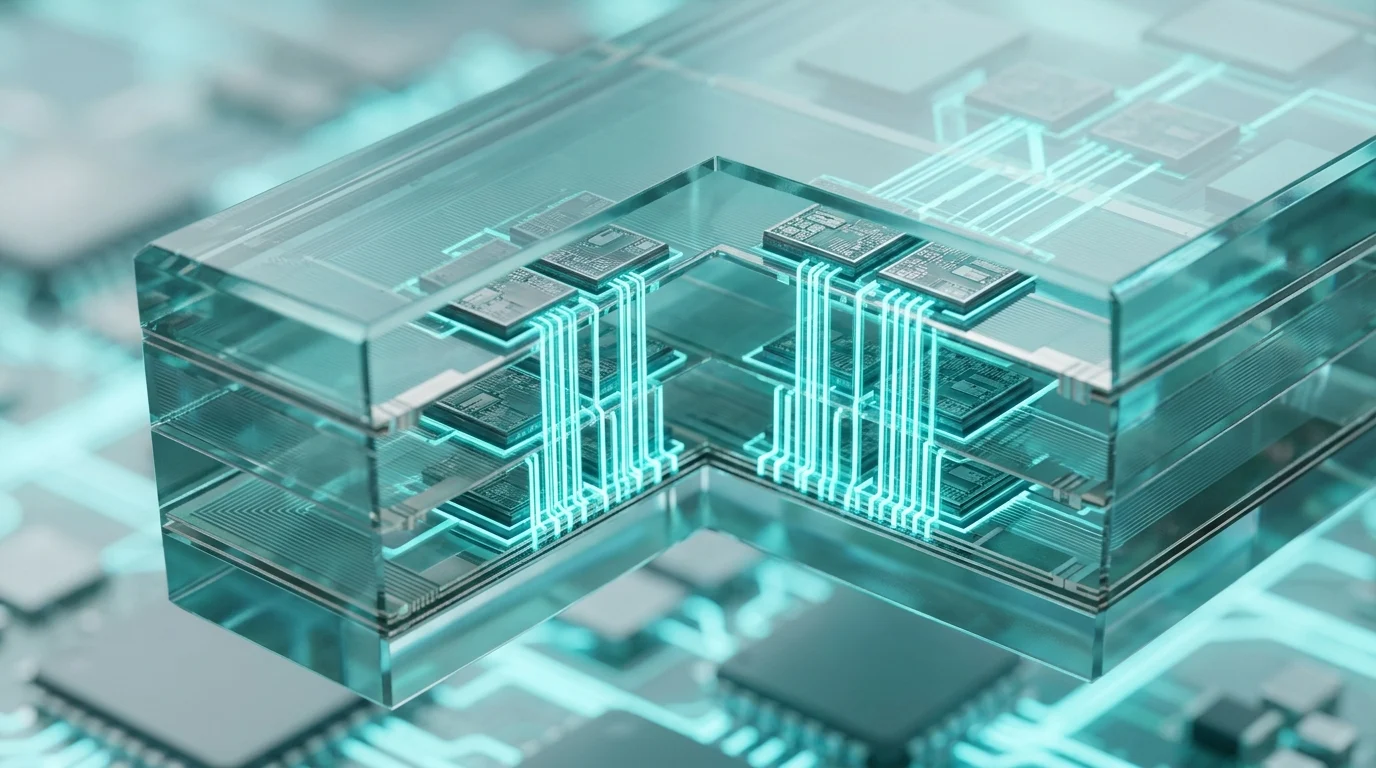 Macro cross-section of a semiconductor die within a glass substrate.