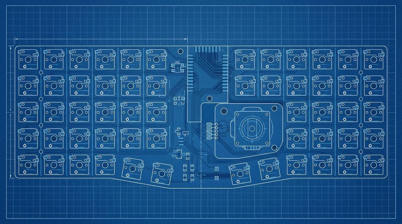 A top-down view of a single ortholinear keyboard half showing the grid layout and joystick.