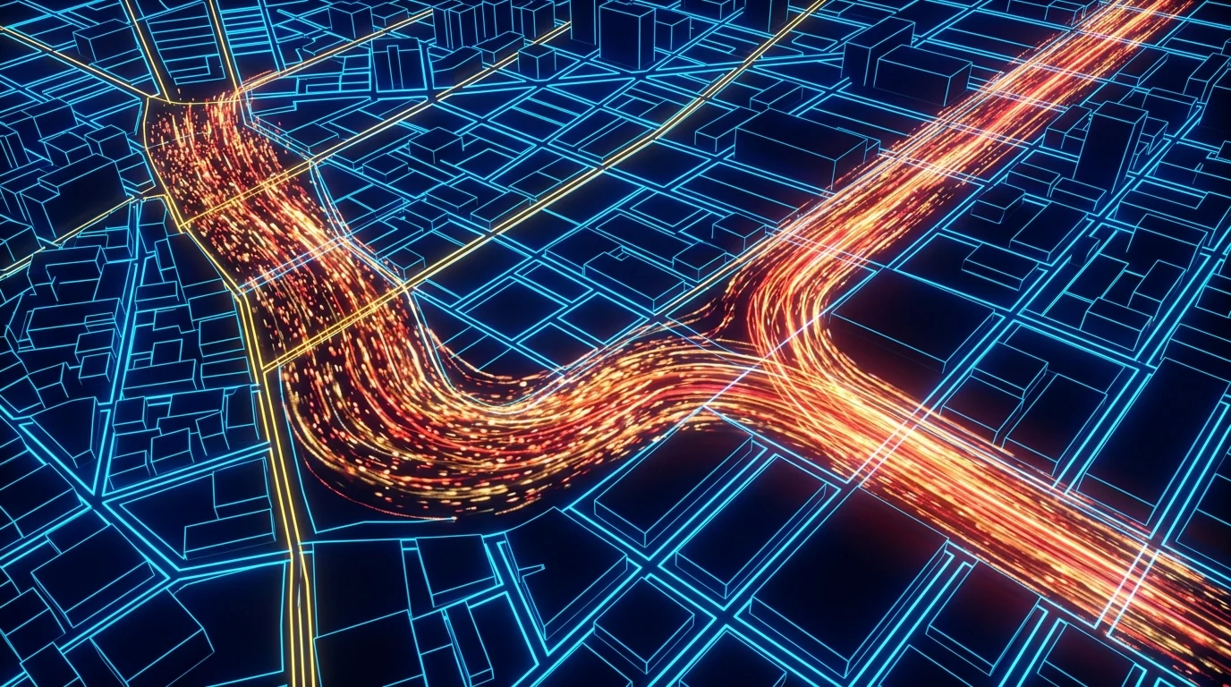 Abstract digital representation of a horde moving through a city grid.