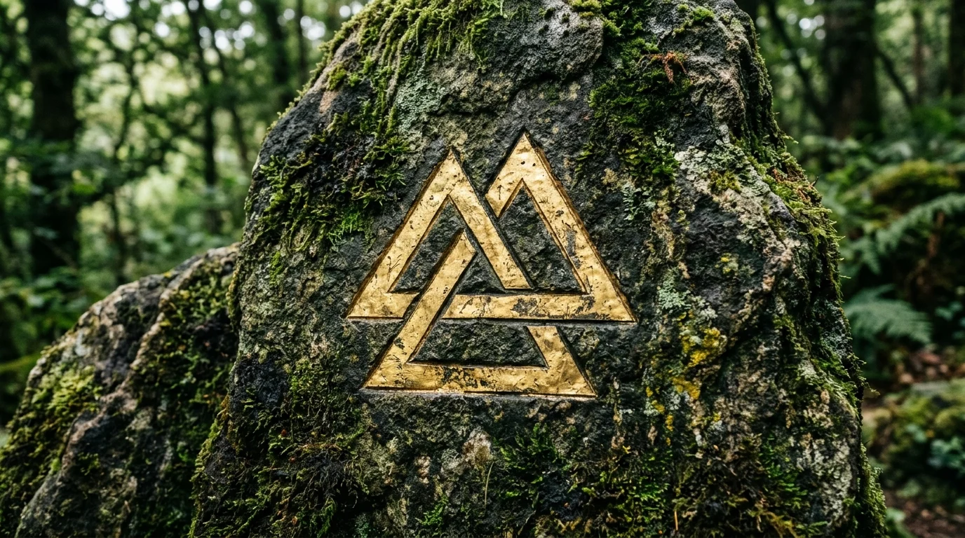 A stone relief featuring three interlocking triangular shapes.