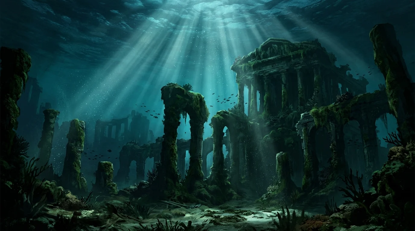 Conceptual art of underwater ruins in a deep blue ocean.