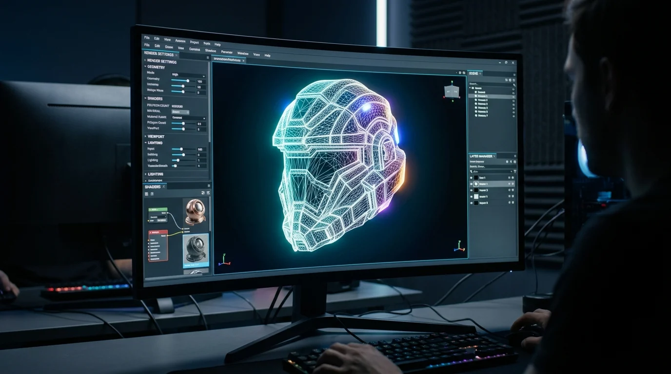 Abstract 3D wireframe of a futuristic helmet in a game engine editor.