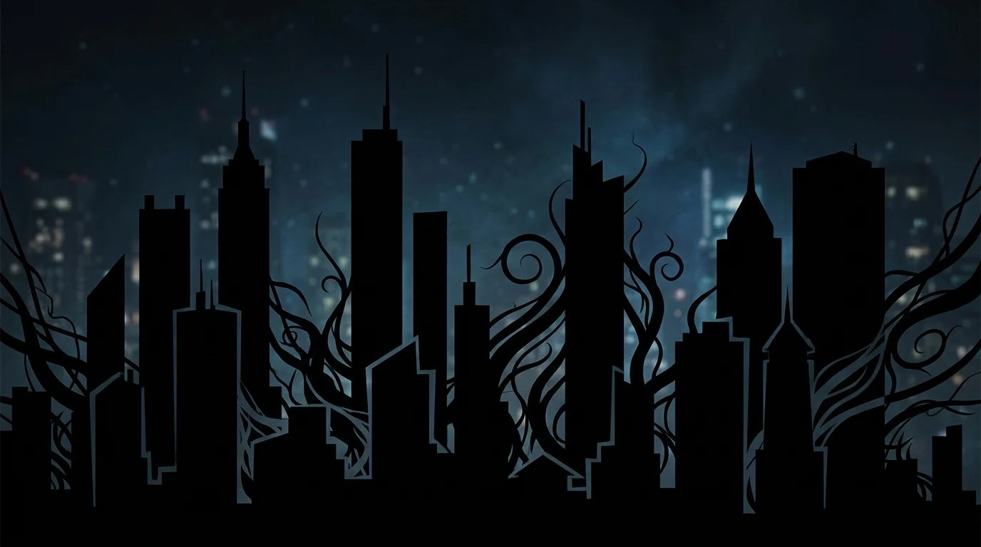 Stylized silhouette of city skyscrapers at night with dark flowing shapes in the foreground.