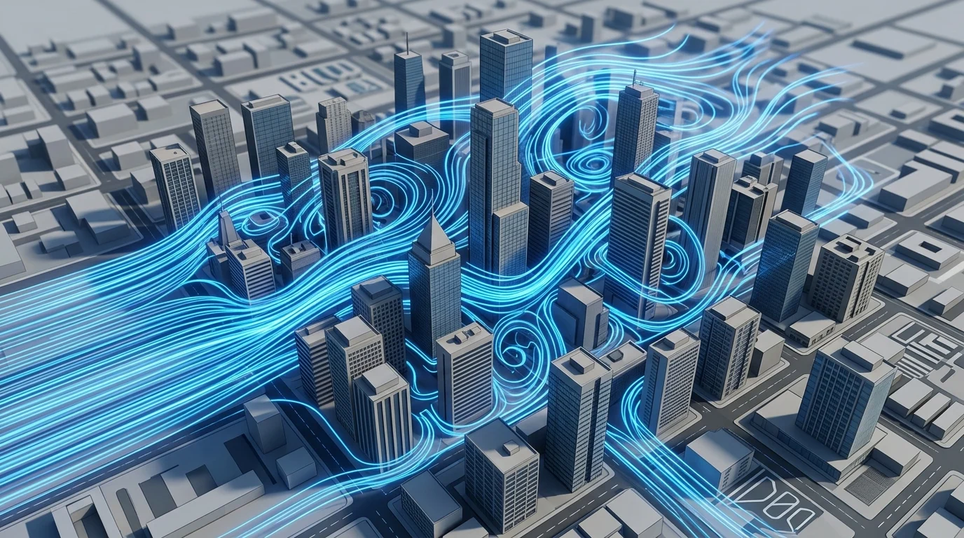 A technical diagram illustrating how wind flows around urban buildings.