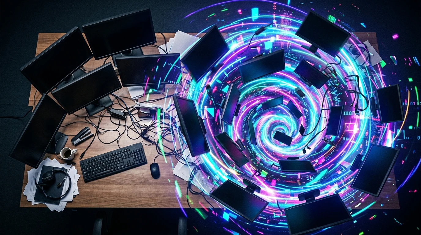 Abstract conceptual art of a workspace being consumed by a digital world vortex.