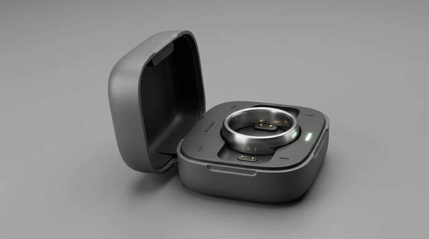An open charging case containing a smart ring.