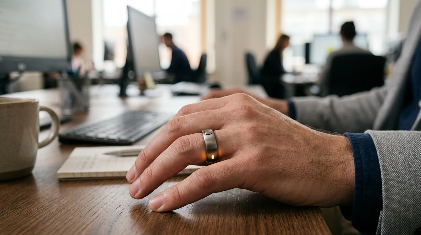 A metallic ring on a finger showing an internal indicator light.