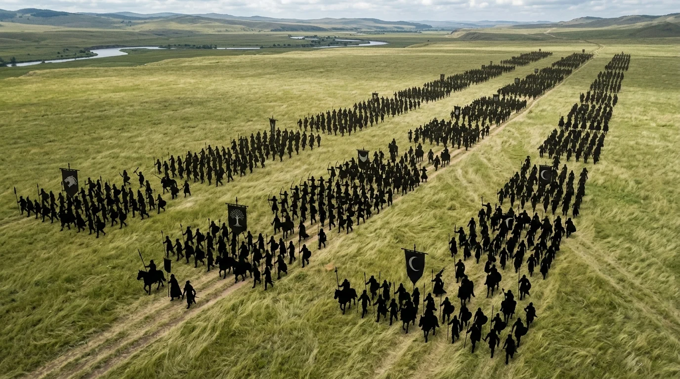Silhouettes of fantasy troops marching in formation on a plain.