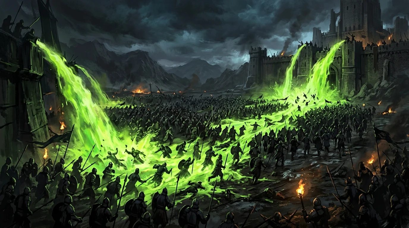Conceptual art of a high-risk tactical weapon being used on a medieval battlefield.
