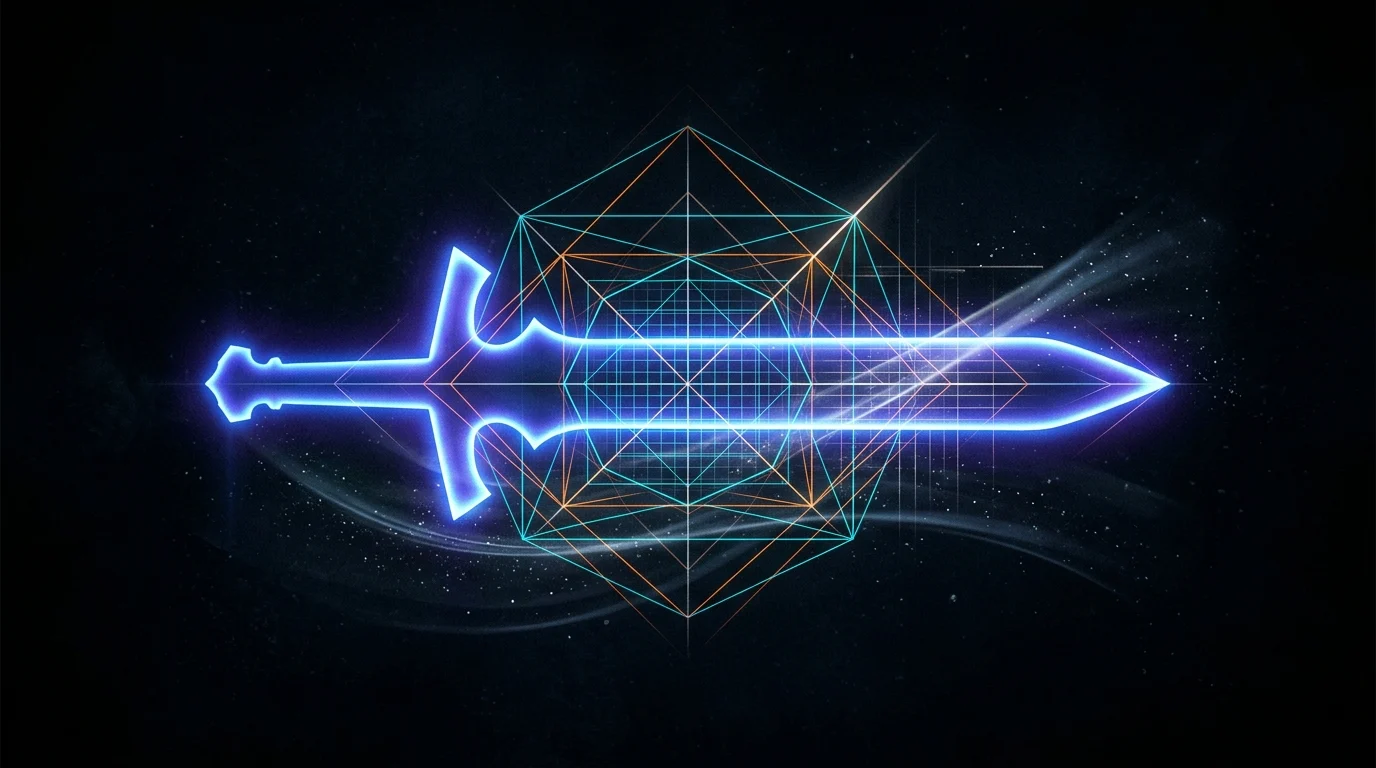 A glowing digital sword silhouette in a dark space.