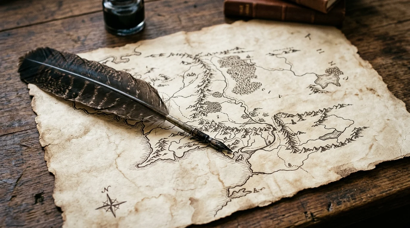 A quill on an aged parchment map.