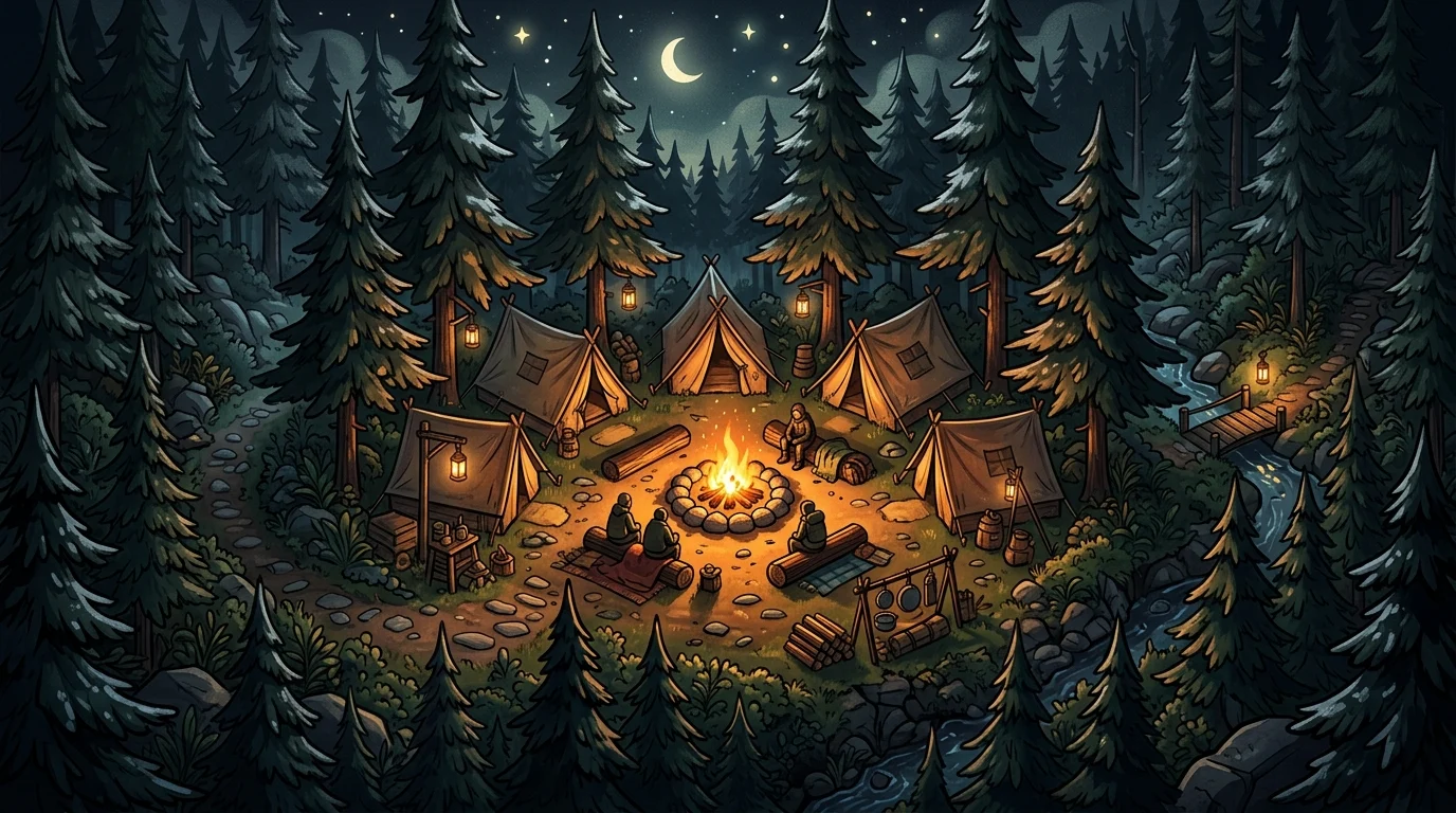 A campfire in a dark forest at night.