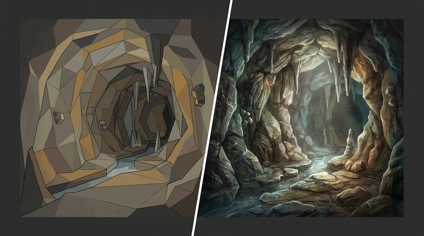Comparison of low-polygon and high-fidelity fantasy environments.