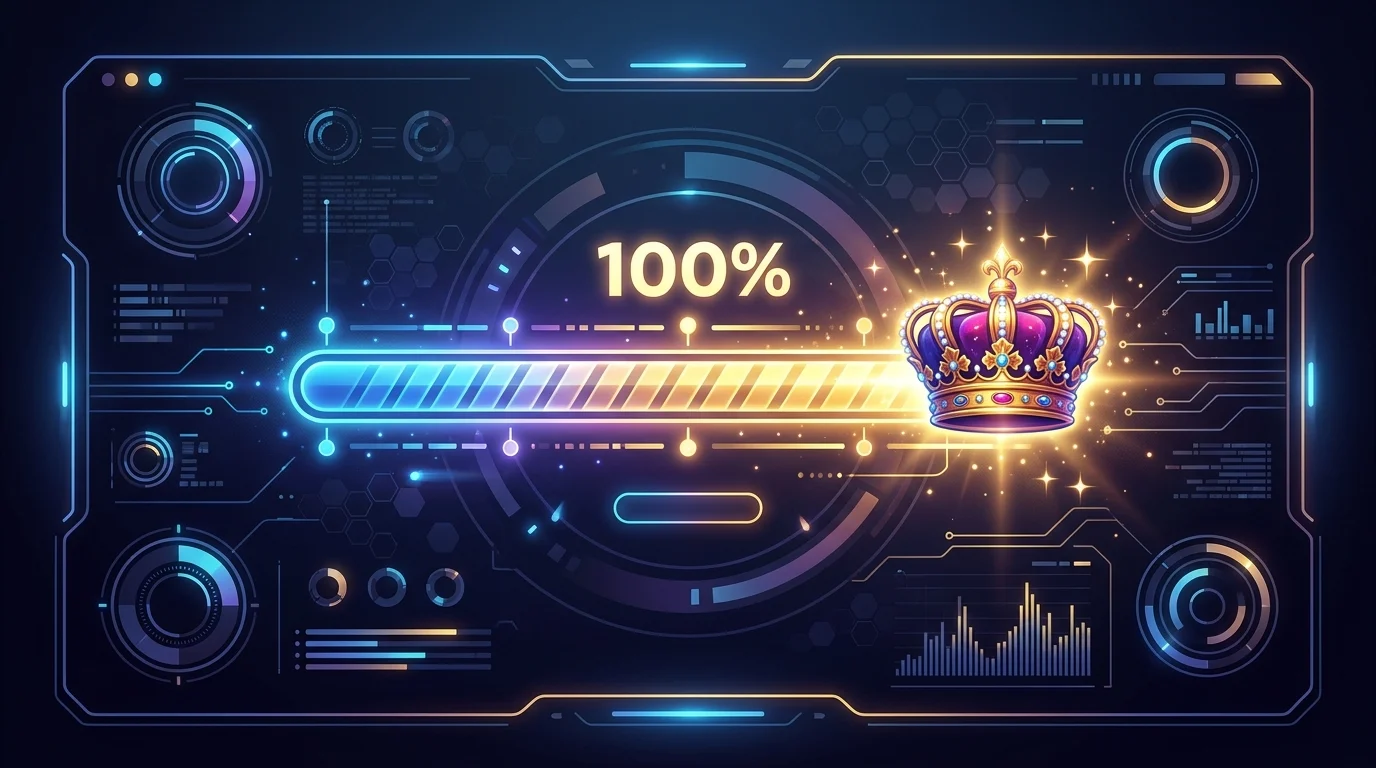 A stylized UI showing 100 percent game completion progress.