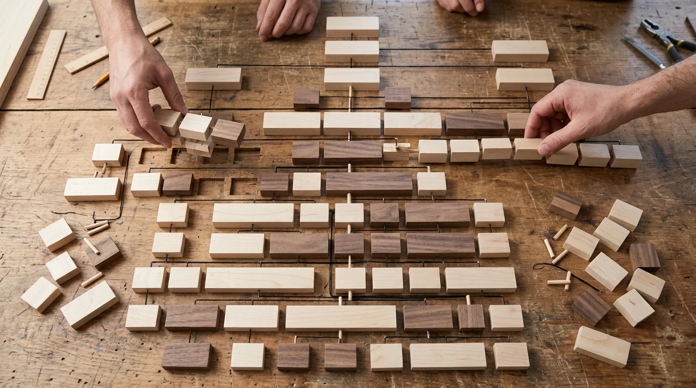 A wooden organizational chart being rearranged and thinned out.