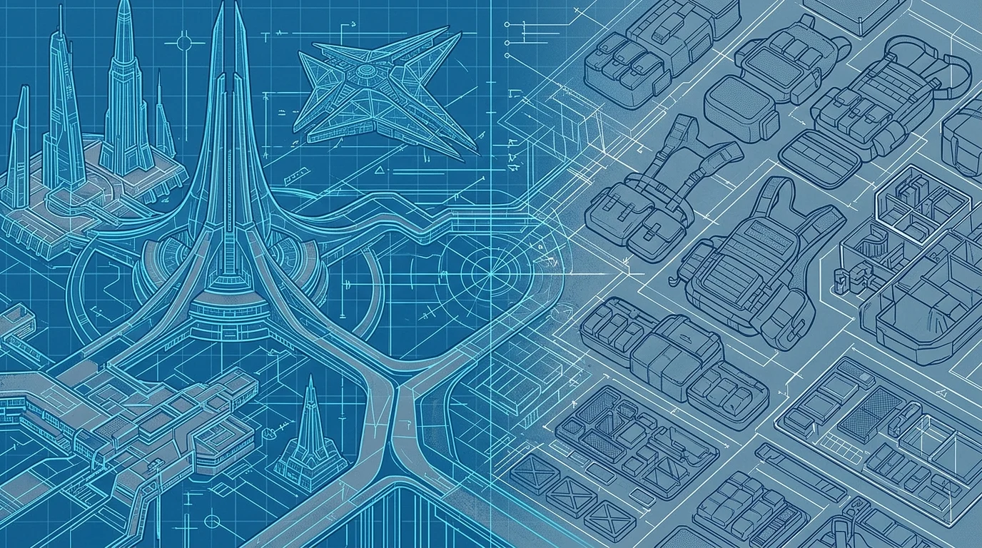 Abstract blueprints showing a merge of sci-fi and tactical design.