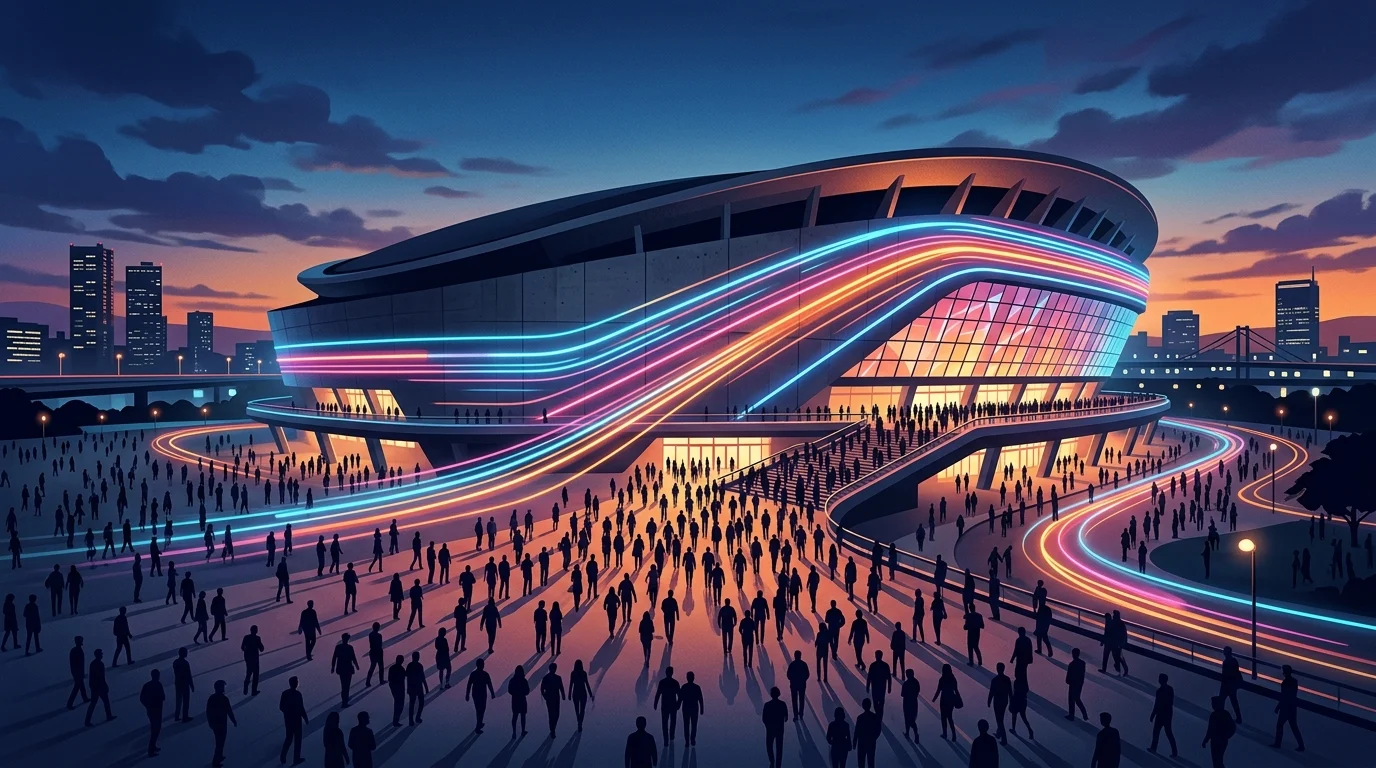 A conceptual illustration of a modern arena at night.