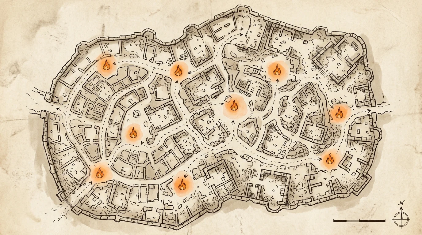 Conceptual layout of an ancient city showing non-linear paths.