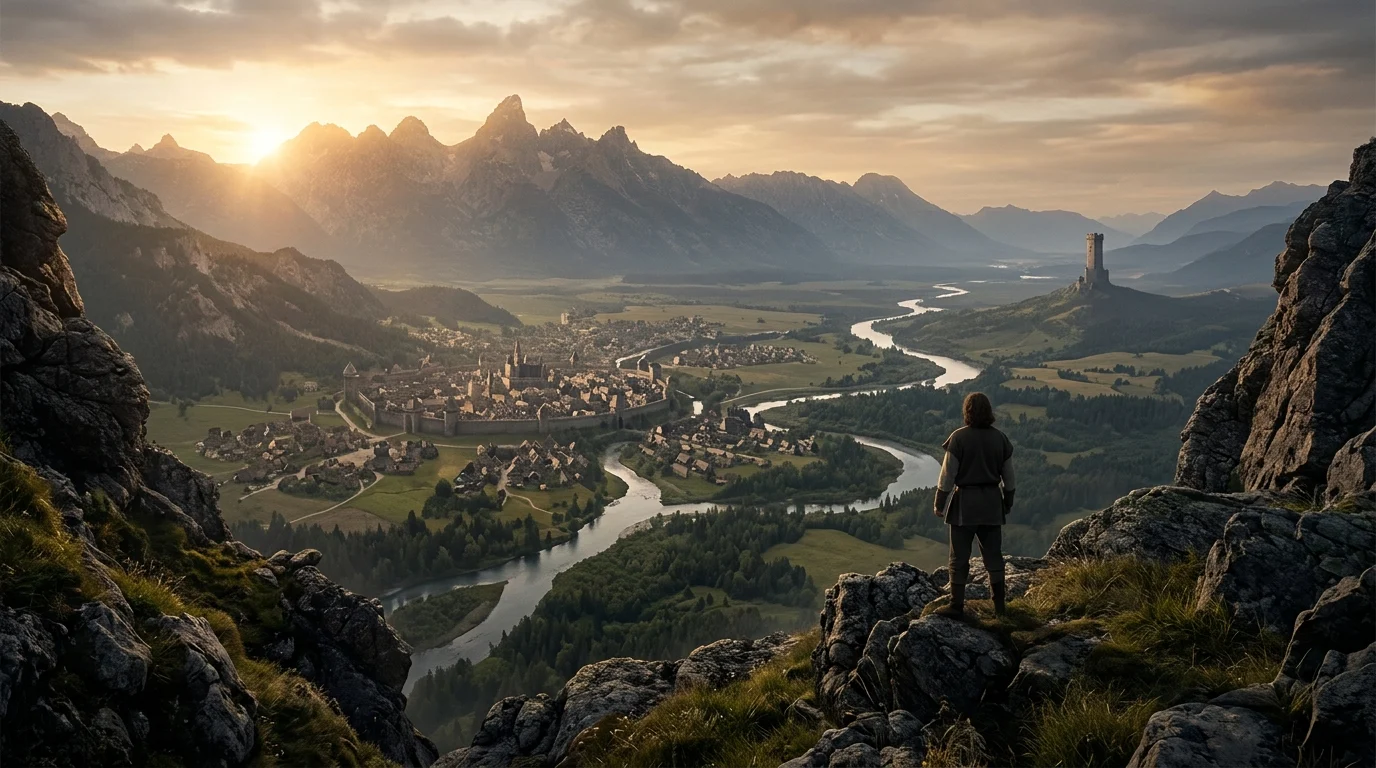 An epic fantasy landscape with mountains and a tower at sunrise.
