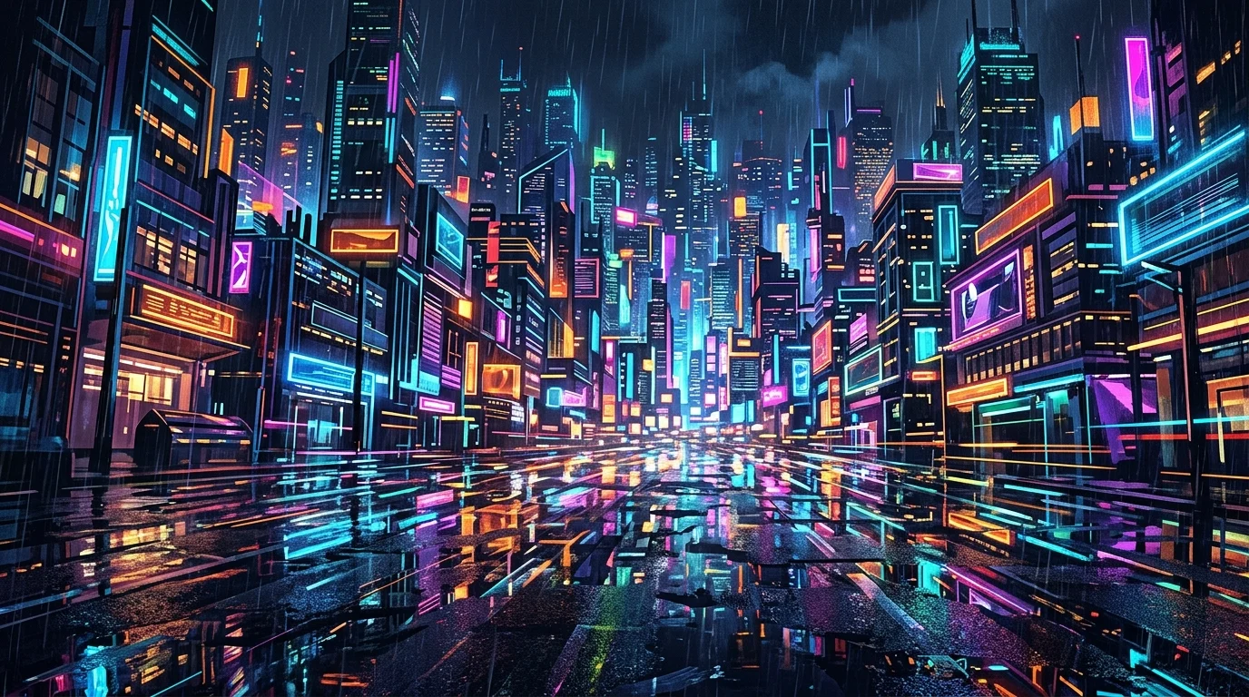 Abstract neon cityscape with sharp light reflections and high-detail architectural lines.