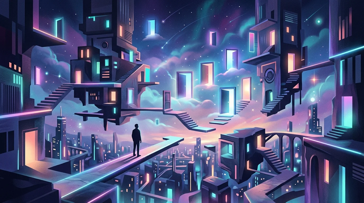 A surreal digital landscape with abstract architectural elements