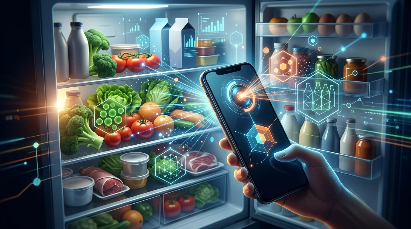 Conceptual graphic of a smartphone analyzing refrigerator contents to suggest groceries.