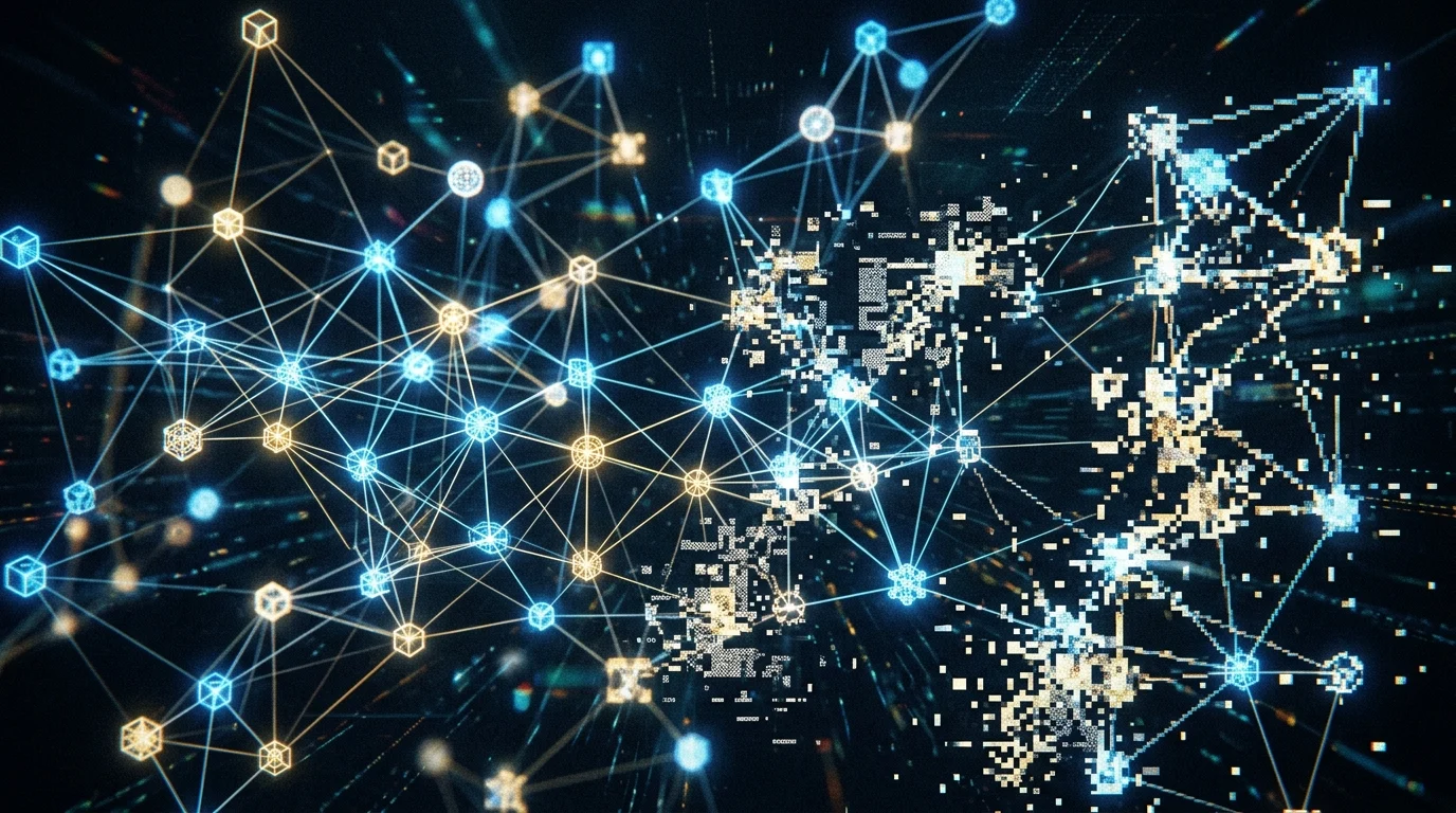 Abstract digital visualization of a flickering database structure representing a system error.