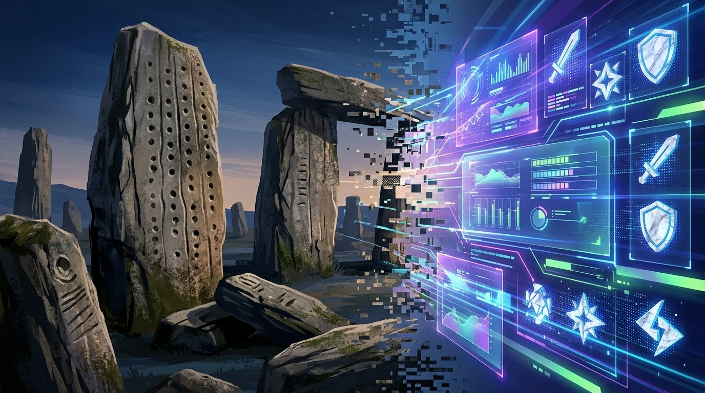 A blend of ancient stone artifacts and modern gaming interface elements.