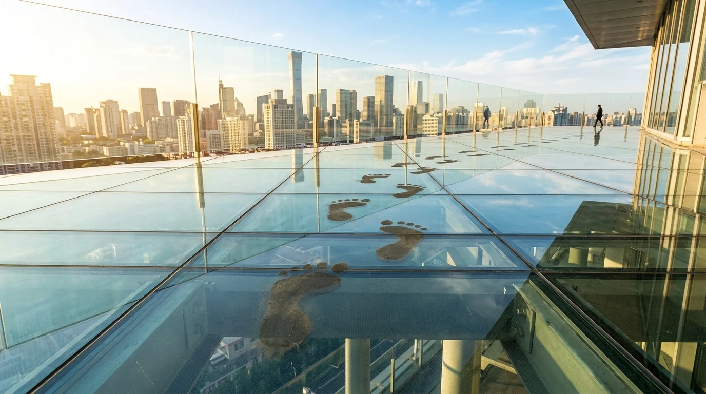 Stylized footprints on a glass floor in a futuristic city setting.