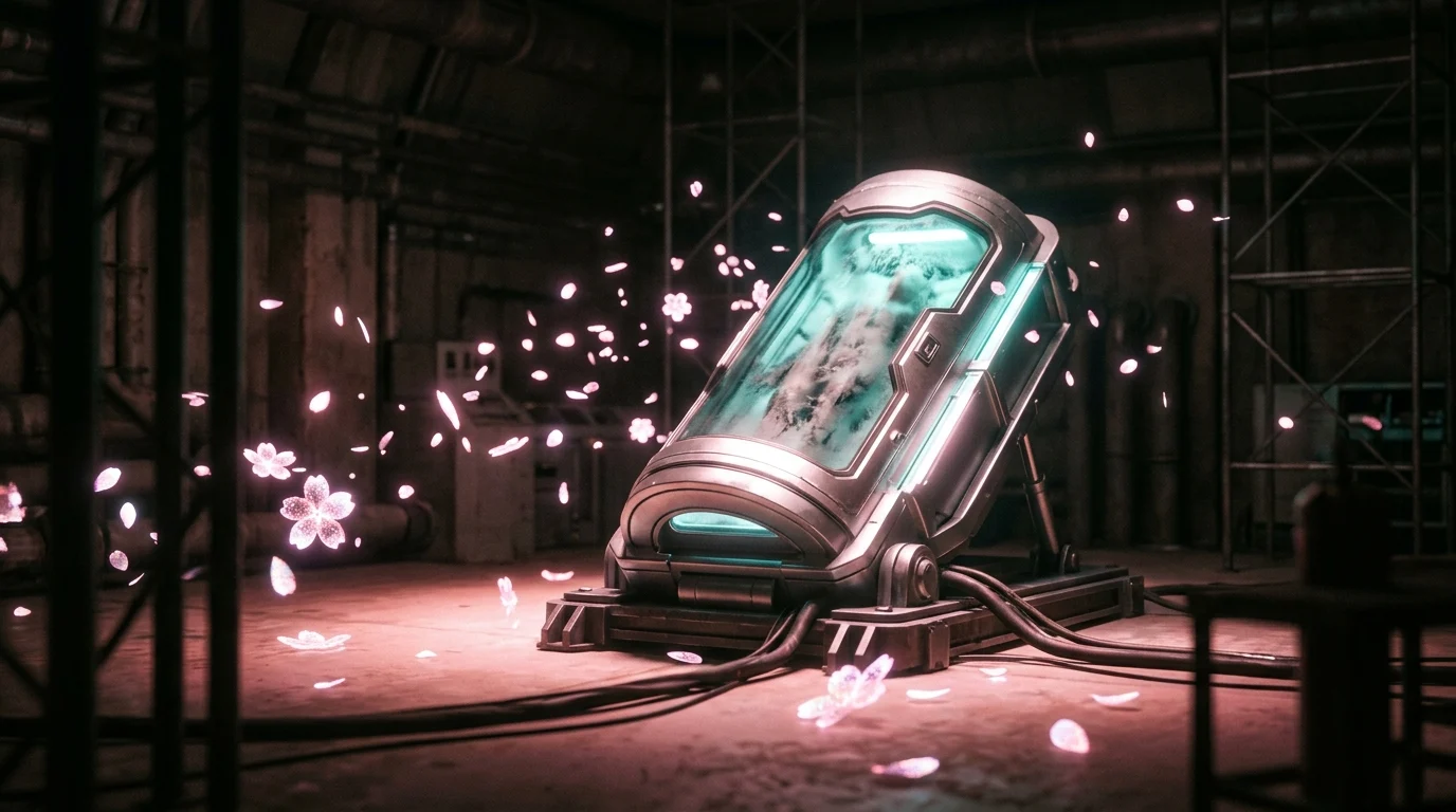 A conceptual illustration of a cryogenic hibernation pod with cherry blossom aesthetics