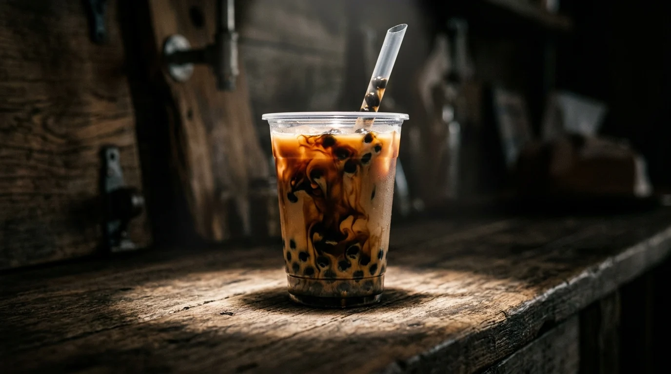 Conceptual art of a boba drink with shadowy, supernatural elements.