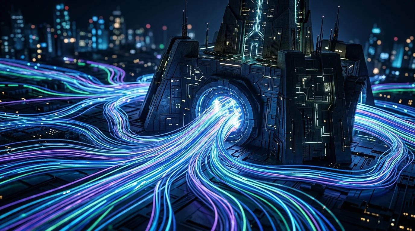 Conceptual image of data migration into a secure digital hub.