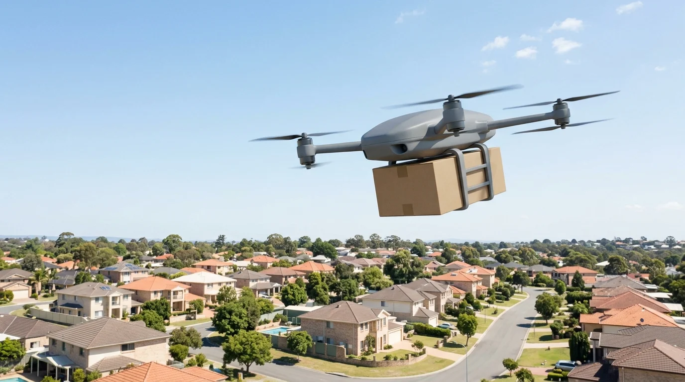Digital art of a delivery drone in flight over a suburban area.