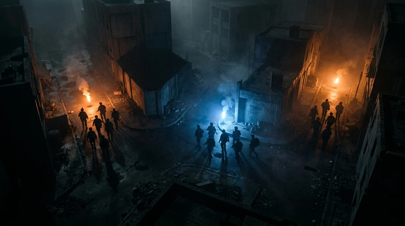 A conceptual depiction of three tactical squads coordinating in an urban combat zone.