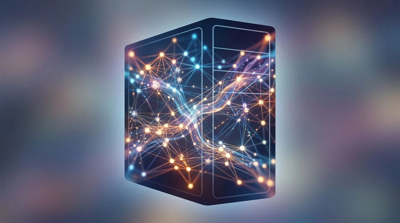 Abstract visualization of a large language model network within a computer chassis.