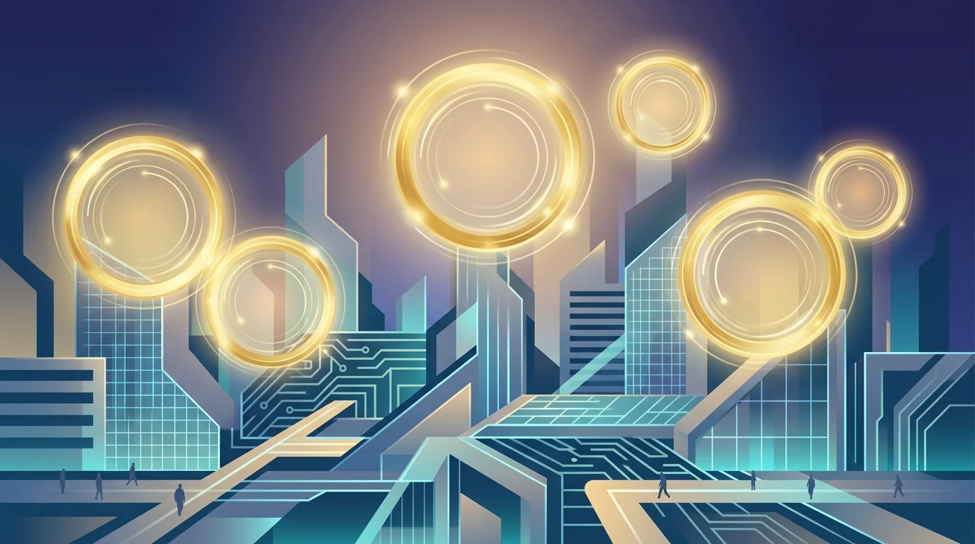 Conceptual digital art showing golden portals over a stylized city layout.