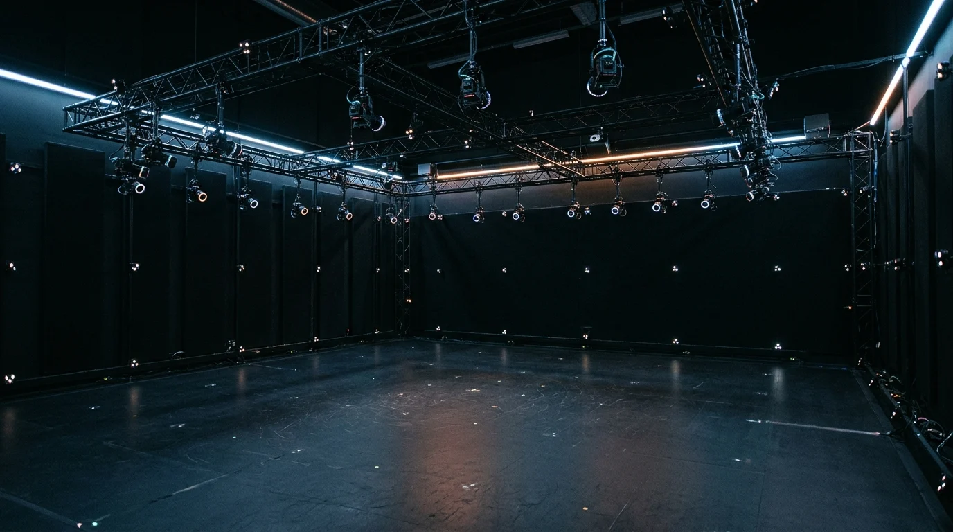 Conceptual view of a motion capture stage with tracking sensors.