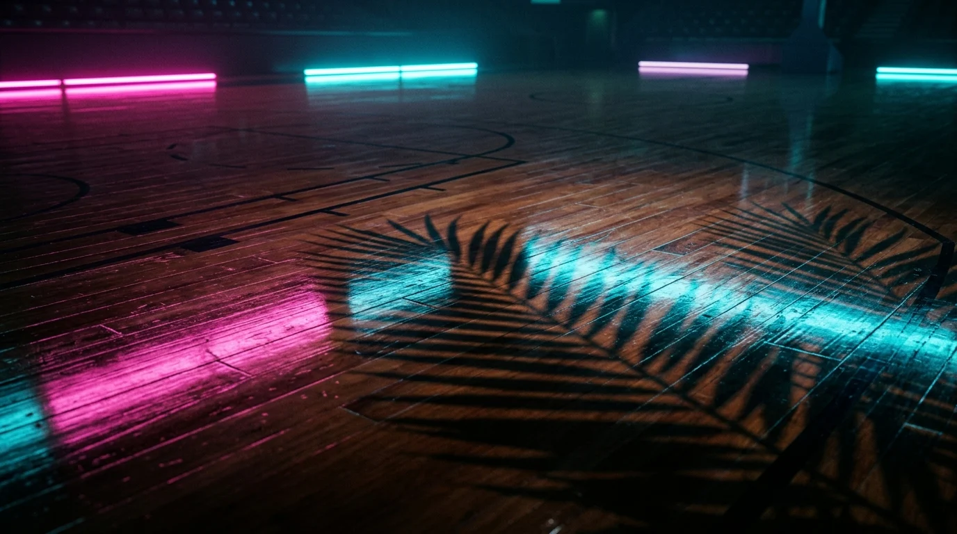 A close-up of a basketball court reflecting neon lights.