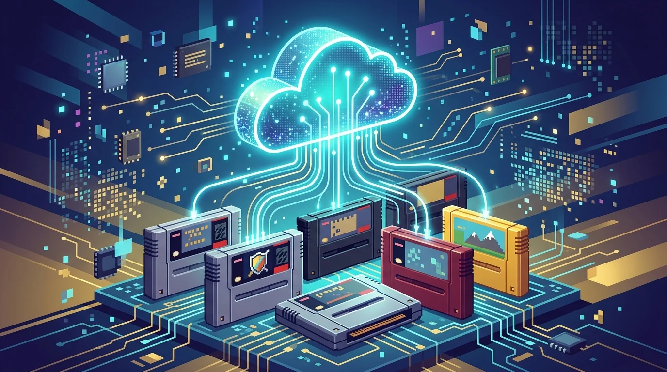 Digital illustration of cloud connectivity and retro game cartridges.