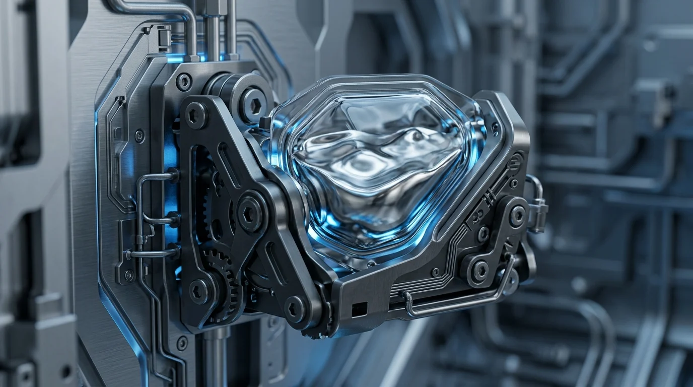 A 3D render representing a liquid metal cooling containment system for hardware.