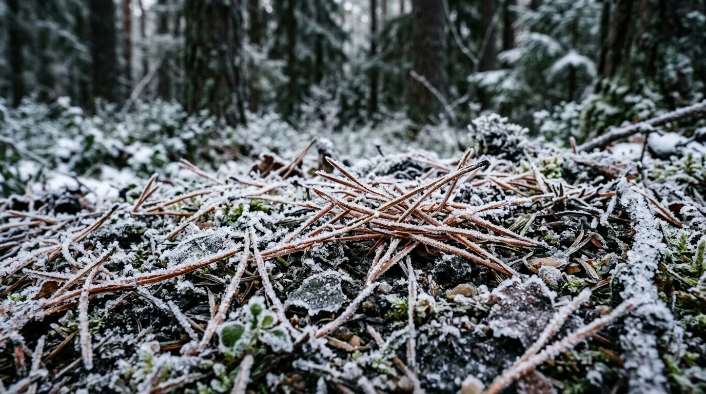 Detailed view of frost and ice accumulation on the ground in a realistic environment.
