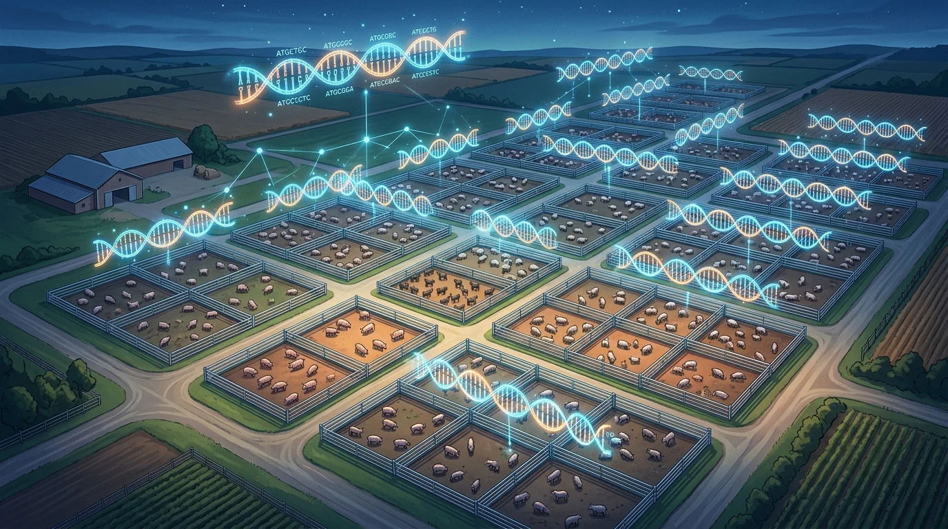 Conceptual depiction of animal breeding and genetic optimization in a simulation.