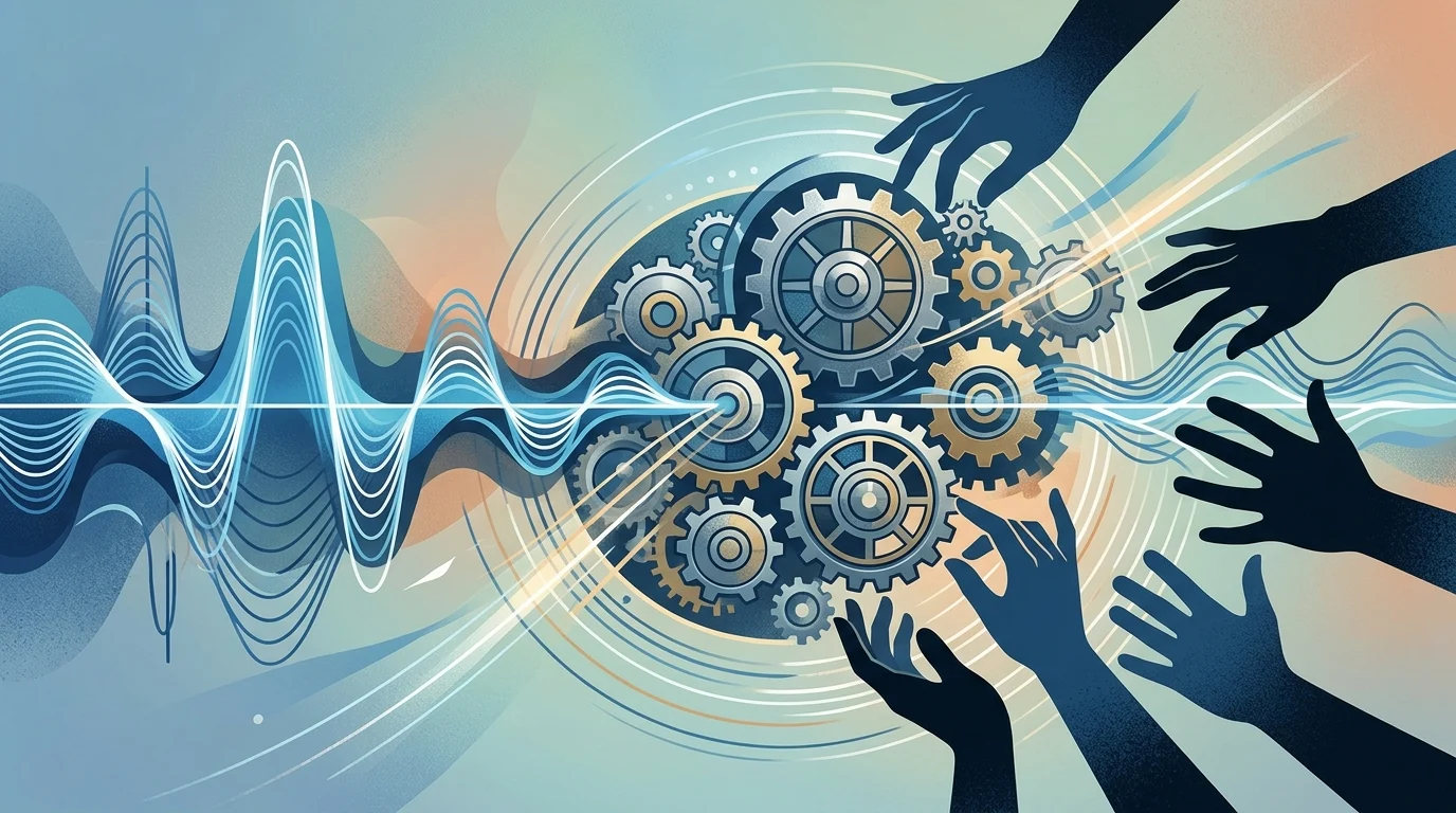 Abstract art showing sound waves and gear-like patterns to represent gameplay mechanics.