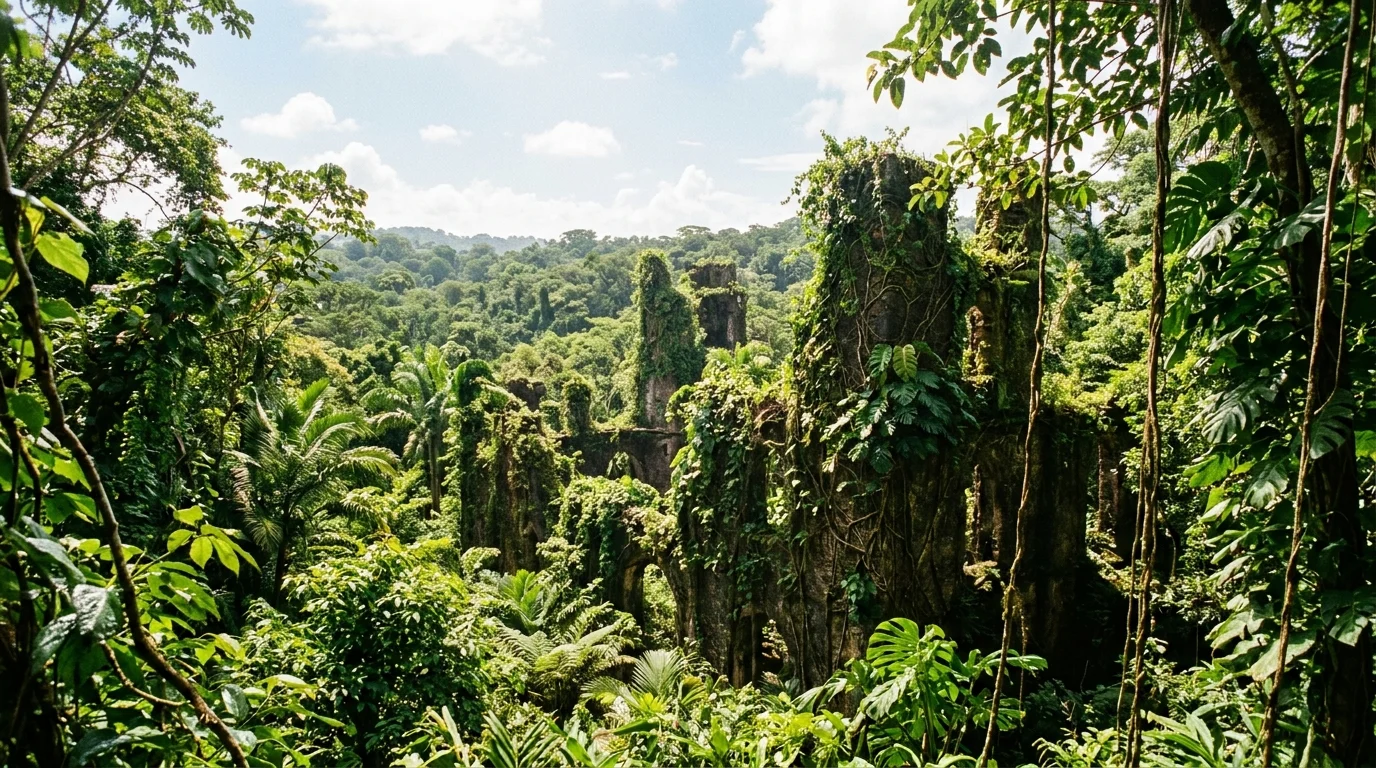 Dense tropical jungle with stone ruins.