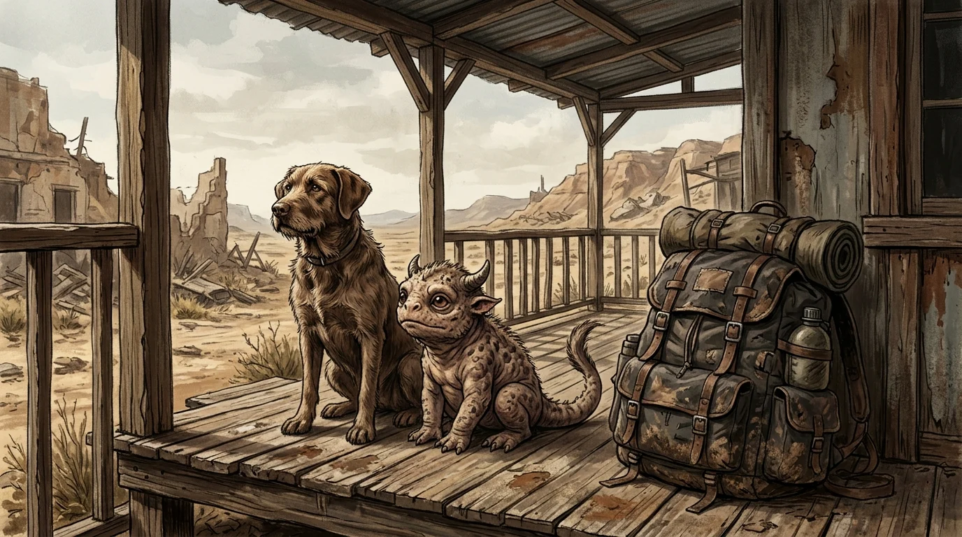 Conceptual art of a dog and a small mutated creature sitting together in a wasteland setting.